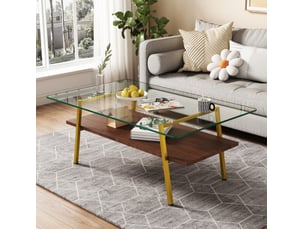 Table basse rectangulaire 98 x 58 x 42,5 cm – rose poudré et doré – verre trempé, design moderne