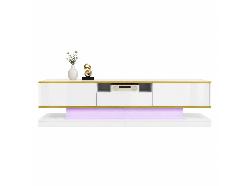  Meuble tv modenvie 180 x 38 x 45 cm avec 3 tiroirs, led multicolore, panneaux de particules blanc et doré  - Conforama A