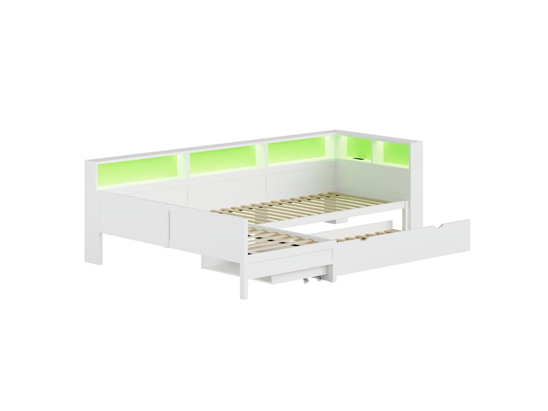 Lit enfant 90x200 cm gigogne en l avec led, prise usb-c, mdf blanc, sans matelas  - Conforama E