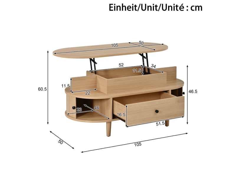  Table basse ovale relevable 105x50x60.5cm, mécanisme hydraulique, rangement caché, 2 niches, 1 grand tiroir, 2 portes coulissantes, mdf naturel ABC - Conforama C