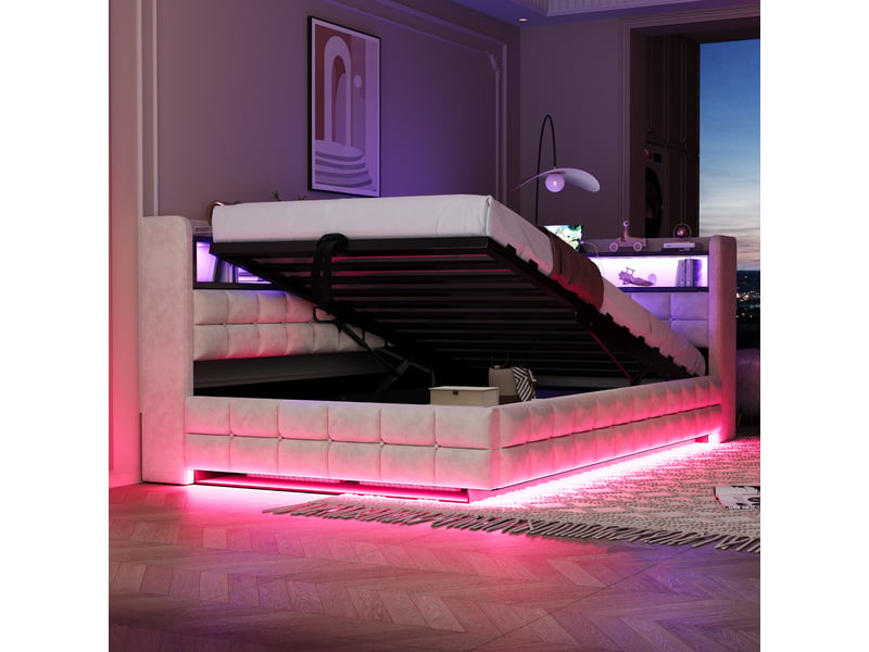  Lit coffre 90x200 cm - lit simple avec rangement hydraulique - tête de lit led, usb &amp; type-c - étagères - beige  - Conforama W