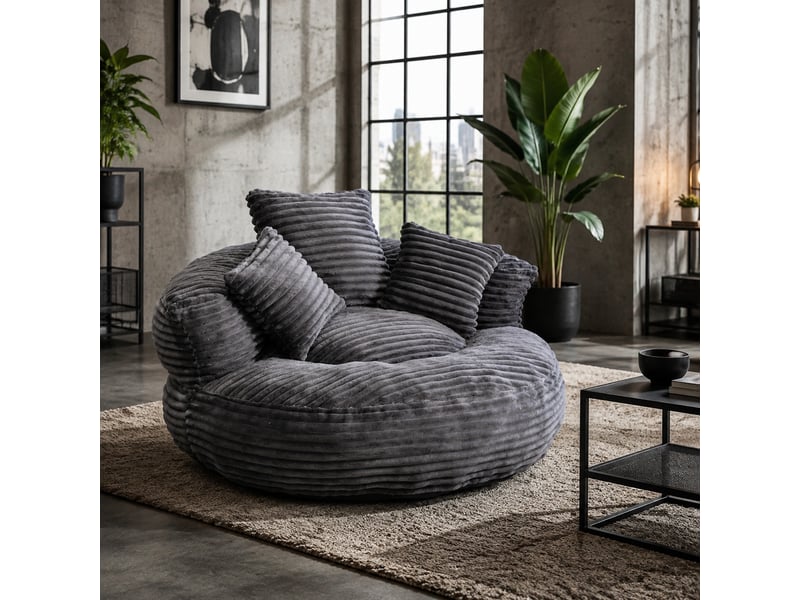  Fauteuil pouf 1 place en velours côtelé gris foncé avec 3 coussins, dossier haut et accoudoirs enveloppants  - Conforama B