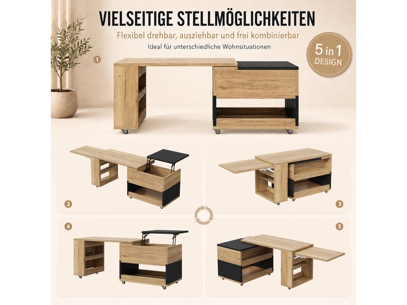  Table basse relevable avec niches ouvertes et rangement caché, élément pivotant à roulettes, naturel et noir  - Conforama E