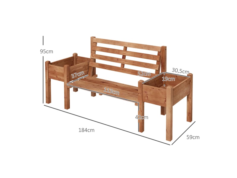  Banc de jardin avec jardinières, en bois, 184 cm x 59 cm x 95 cm, marron  - Conforama E