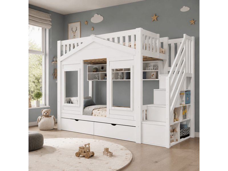  Lit superposé cabane 90 x 200 cm, couchages superposés, panneaux avec fenêtres, escalier, étagères de rangement, pour la chambre, pin, blanc ABC - Conforama E