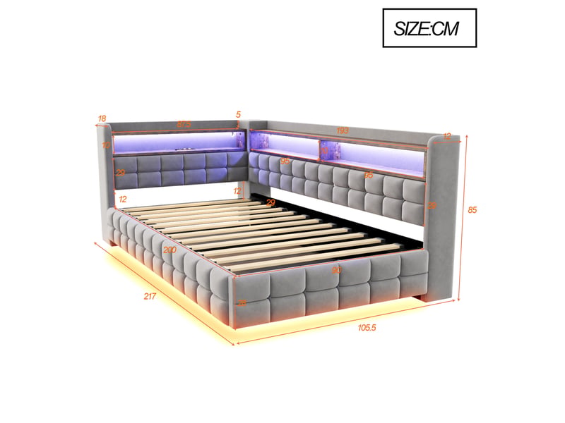  Lit coffre 90x200 cm, étagères en bois, velours, coloris gris clair, espace de stockage caché  - Conforama C