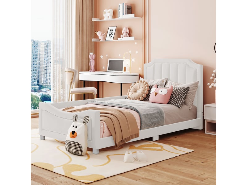  Lit enfant 90x200 capitonné beige - banquette lit avec dossier flanelle - sommier inclus  - Conforama D