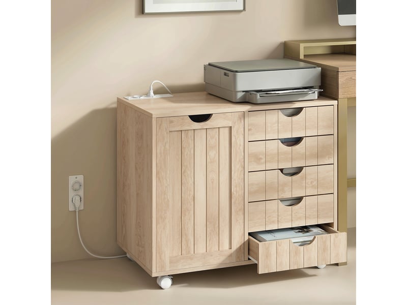  Meuble pour imprimante avec station de charge et roulettes, 5 tiroirs, ports usb, étagère réglable, naturel  - Conforama B