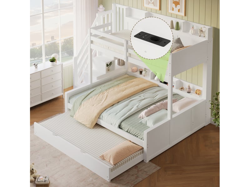 Lit superposé 90 × 200 cm et 140 × 200 cm, 4 places avec lit gigogne 90 × 190 cm, usb, rangements, sans matelas - Conforama E