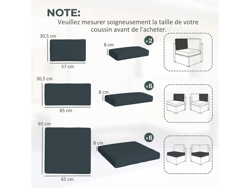  Lot de 14 housses de rechange coussins salon de jardin - 6 housses coussin d'assise, 8 housses coussin dossier bleu  - Conforama E