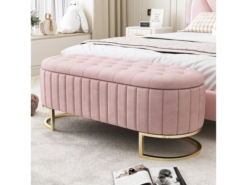  Banc de rangement rose 120 cm en velours avec coffre et pieds en métal  - Conforama E