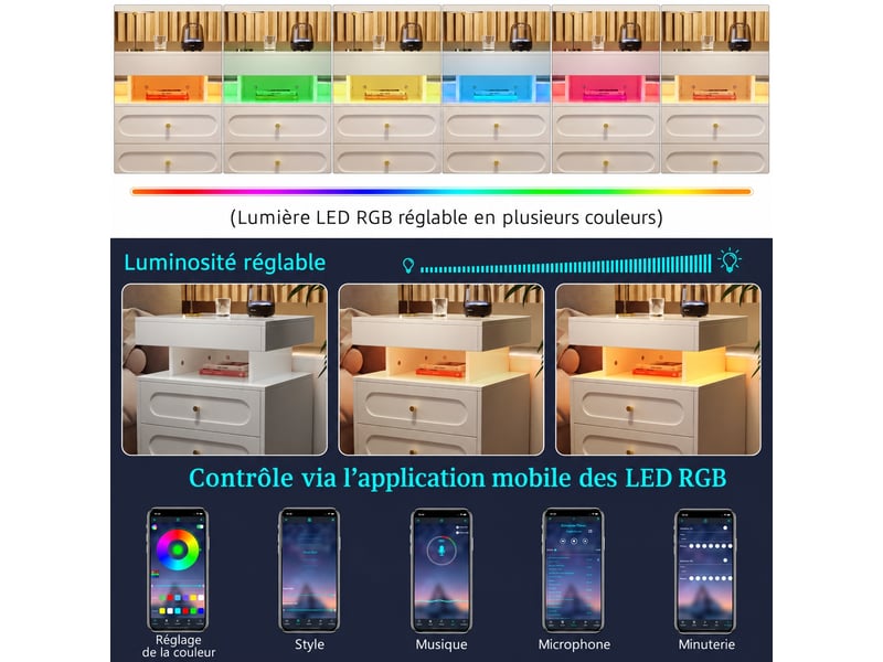  Table de chevet blanche avec éclairage led, 2 tiroirs et niche ouverte, 100 x 40 x 60 cm  - Conforama D