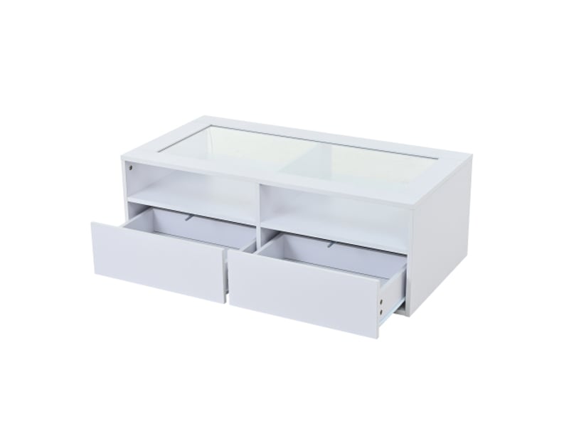 Table basse led en verre blanc 100x50x35 cm – 2 tiroirs, double étage, rangements ouverts – table d'appoint salon - Conforama A