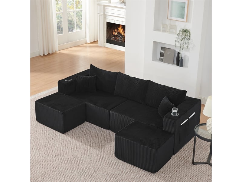  Canapé d'angle modulable - 230x138x75cm - canapé 3 places en velours côtelé avec 2 poufs amovibles et porte-gobelets - noir  - Conforama C