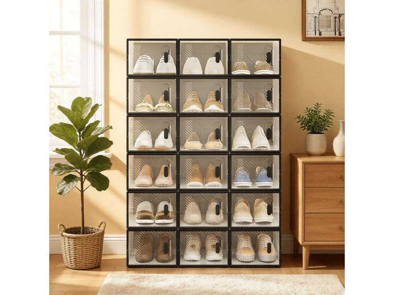  Boîte de rangement chaussures empilable, avec 18 compartiments et transparente, pour chambre et salle de bain, en plastique, noir, 25 × 18,5 × 35,5 cm  - Conforama B