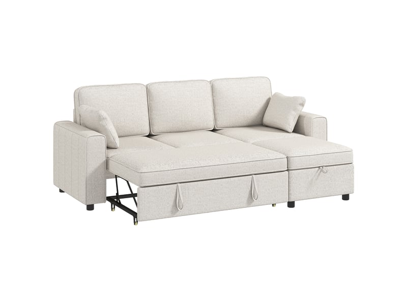 Canapé d'angle convertible en chenille, beige, canapé-lit 3 places modulaire 225 cm avec pouf de rangement - Conforama B