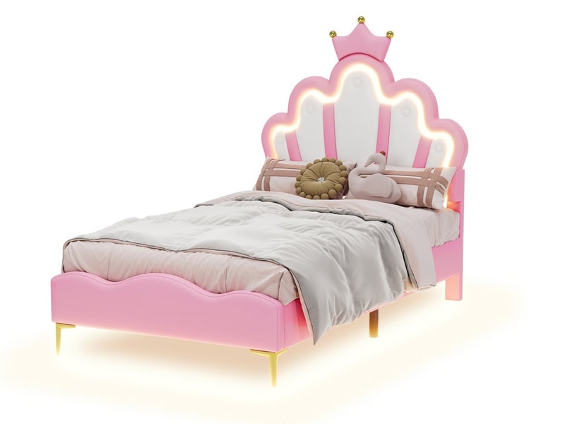  Lit enfant 90x200 cm,tête de lit couronne capitonnée,éclairage led rgb tactile,revêtement cuir pu rose,hauteur réglable pour chambre de fille et adolescente  - Conforama A