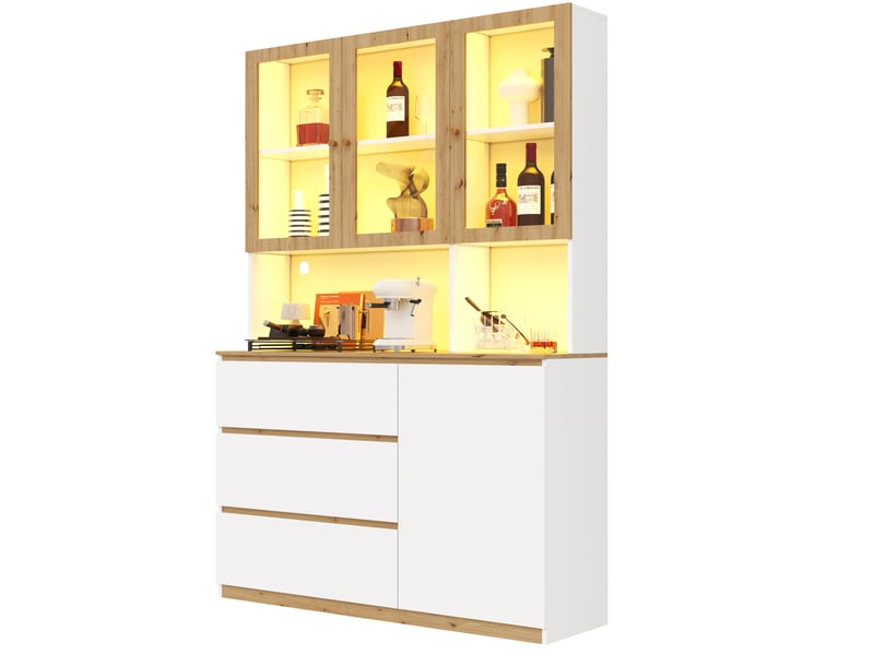 Vitrine haute led avec portes vitrées, 3 tiroirs et niche passe-câbles pour salon, en mdf blanc et chêne, 120 × 200 cm  - Conforama A