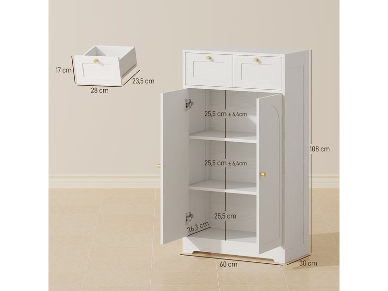 Meuble de salle de bain meuble de rangement avec 2 tiroirs double porte arquée étagères réglables blanc 60x30x108cm  - Conforama C