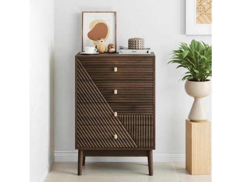  Commode 4 tiroirs 60 x 40 x 90 cm avec panneaux ondulés, boutons en métal doré, noyer foncé  - Conforama D