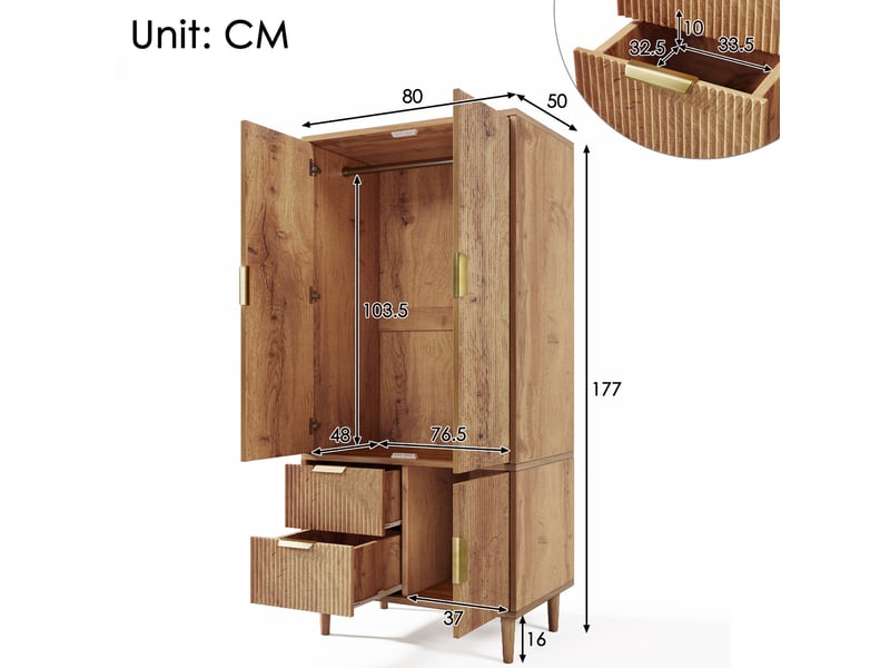  Armoire 3 portes 2 tiroirs avec penderie, fermeture amortie et façades 3d rainurées décor chêne 80 × 50 × 177 cm  - Conforama C