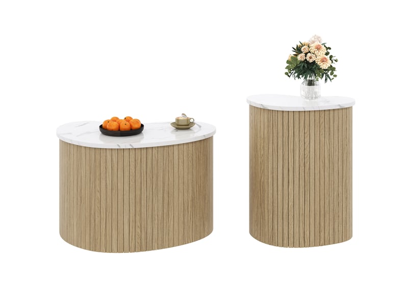  Ensemble de 2 tables basses courbes 60x37x38 et 40x25x50 cm, plateau effet marbre, pour salon, mdf, naturel et blanc  - Conforama A
