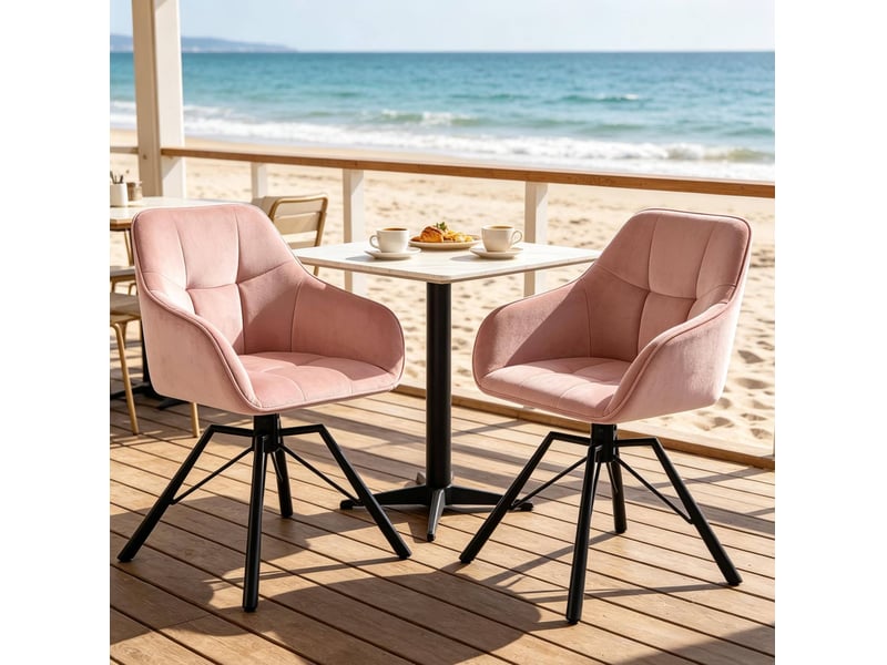  Chaise de salle à manger pivotante à 360° avec accoudoirs, lot de 2 en velours et métal rose  - Conforama D