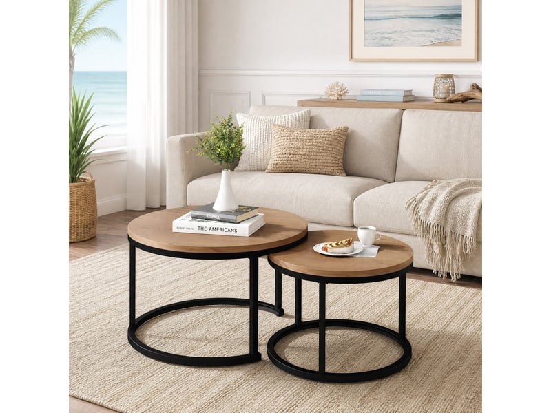  Lot de 2 tables basses rondes gigognes en mdf coloris noyer et noir  - Conforama D