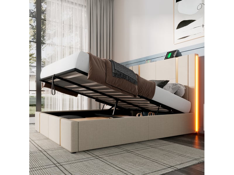  Lit coffre tcqpz 160 x 200 cm led usb type-c tête de lit chargeur rangement beige lin  - Conforama D