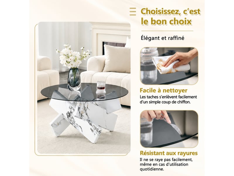  Table basse ronde en verre, table de salon moderne blanche avec plateau en verre trempé et socle géométrique aspect marbre, ø 79 cm.  - Conforama E