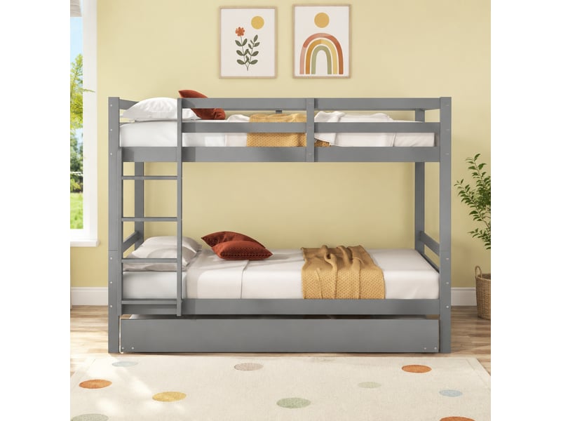 Lit superposé enfant 140×200 cm avec lit gigogne, escalier et barrières hautes - sans matelas, pin gris - Conforama B
