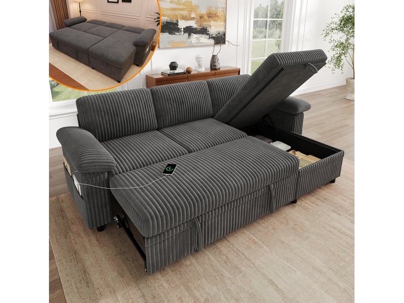  Canapé d'angle réversible 3 places convertible avec coffre, ports usb et type-c  - Conforama C