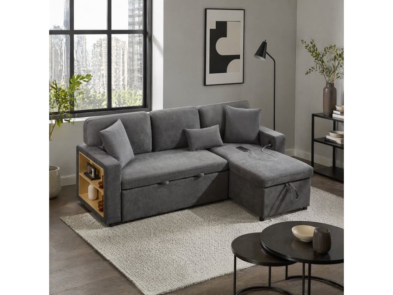  Canapé d'angle convertible 214x131x87 cm réversible avec rangement intégré mdf gris foncé  - Conforama B