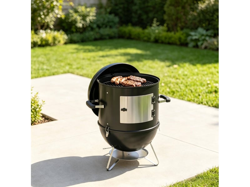  Fumoir barbecue au charbon 62,5 x 47,5 x 91 cm – noir – 3 grilles de cuisson, thermomètre intégré  - Conforama D