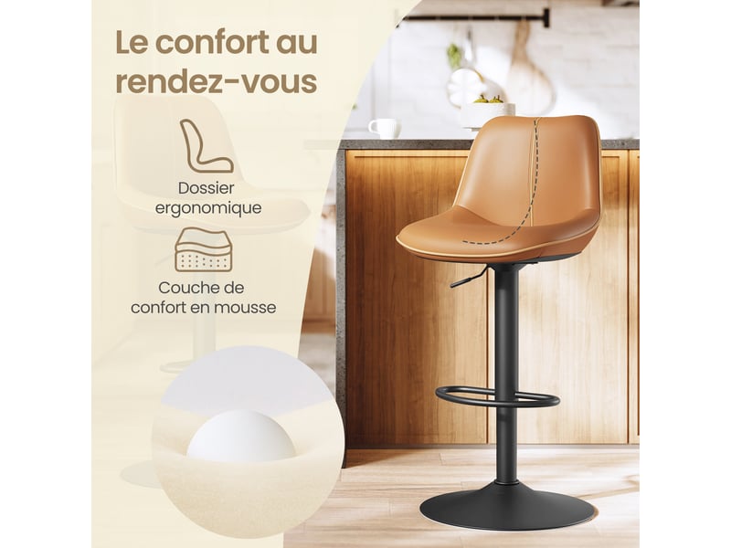 Lot de 4 tabourets de bar, réglables en hauteur, pivotants, pu, marron - Conforama E