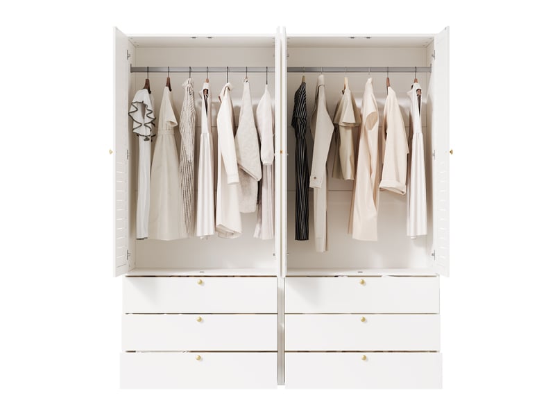 Armoire 4 portes blanche à lamelles, 6 tiroirs et 2 penderies, 180 x 50 x 200 cm, rangement design pour chambre - Conforama A