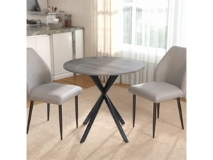 Table à manger ronde pour 2 personnes avec plateau aspect bois et piètement croisé en acier, gris