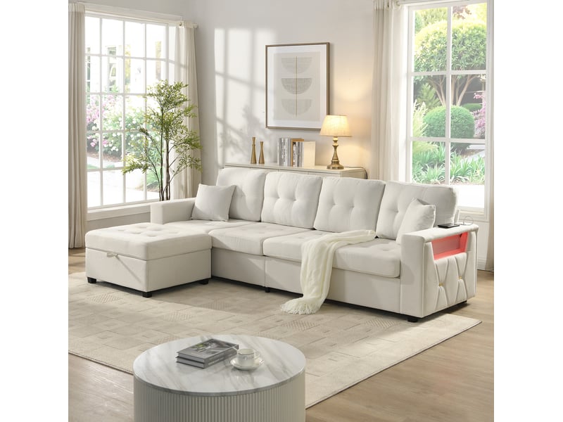  Canapé d'angle modulable modenvie 4 places avec pouf coffre mobile, rangements, éclairage led, ports usb et type-c, tissu beige  - Conforama B