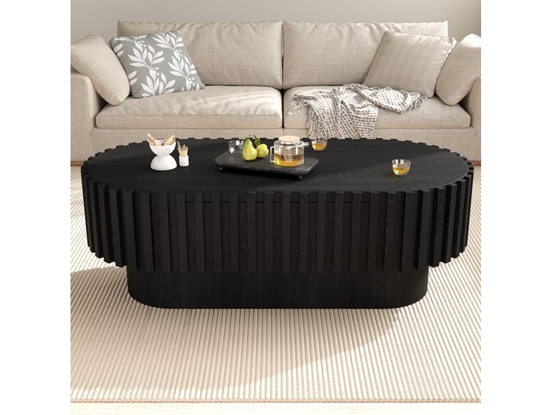  Table basse ovale avec 1 tiroir et décor à lamelles verticales, style moderne rustique, en mdf noir, 100 × 50 × 35,5 cm  - Conforama D