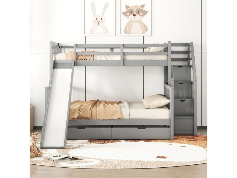  Lit superposé 90x200 cm - lit enfant et ados avec armoires et tiroirs pratiques - glissières sécurisées - gris  - Conforama D