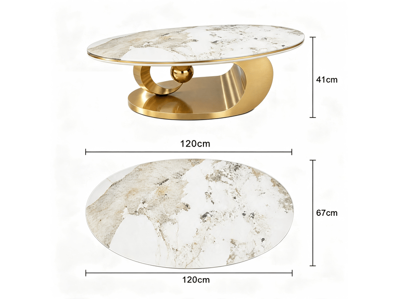  Table basse ovale 120x67x45 cm effet marbre blanc et piètement doré  - Conforama C