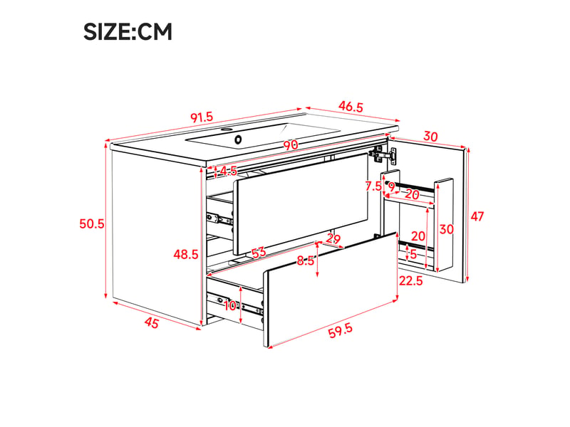  Meuble sous vasque suspendu moderne 91,5x46,5x50,5 cm, led, armoire de rangement avec 2 tiroirs et porte, mdf blanc  - Conforama C