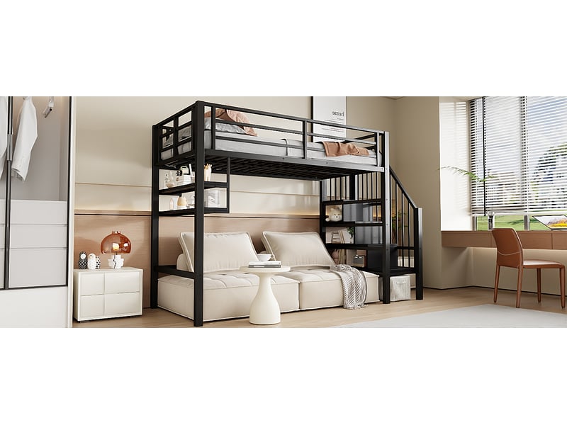  Lit superposé 90x200 cm noir métal et mdf avec étagères échelle de rangement espace de jeu sous le lit garde-corps sans matelas Sol Morn - Conforama D