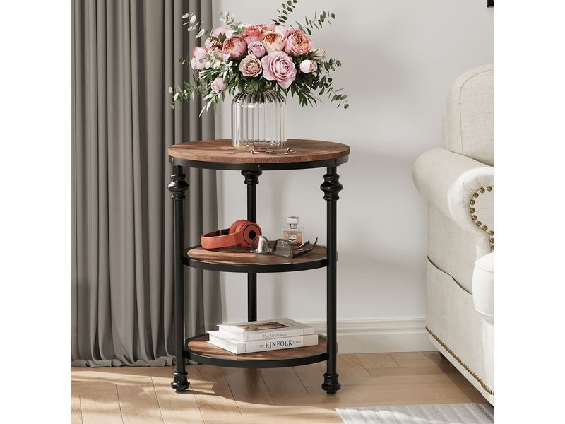  Table d'appoint ronde 3 niveaux, étagères, bout canapé, chevet compact, gain de place, style industriel vintage, cadre métal PHO_0Y1J0OJ7 - Conforama C