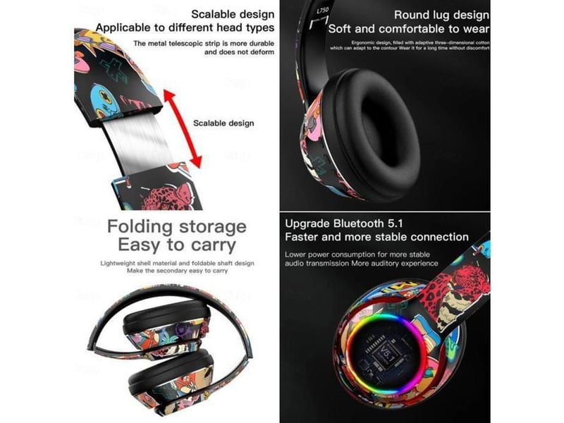  Casque bluetooth 5.1 over-ear avec leds rgb, micro, tf et fm, aux, design pliable l750 404400_AAANT65319_6_DROPFR - Conforama D