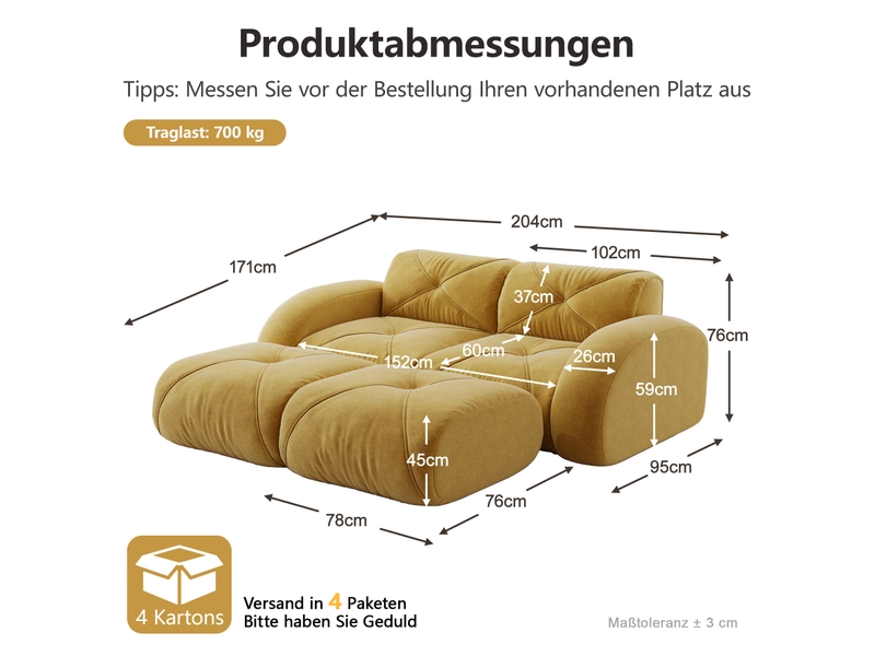 Canapé modulable 2 places avec 2 poufs en chenille jaune - Conforama E