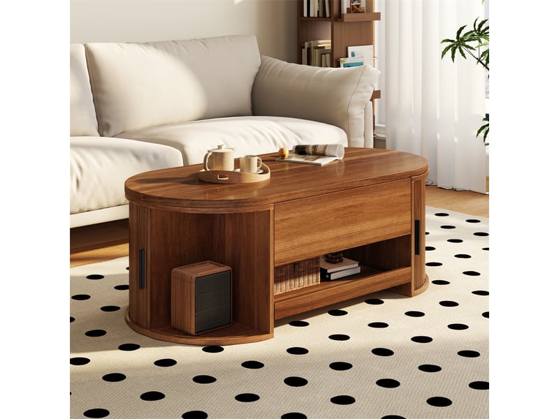 Table basse ovale relevable – 110 x 55 x 38 cm – plateau relevable &amp; tablette coulissante – mdf - noyer  - Conforama E