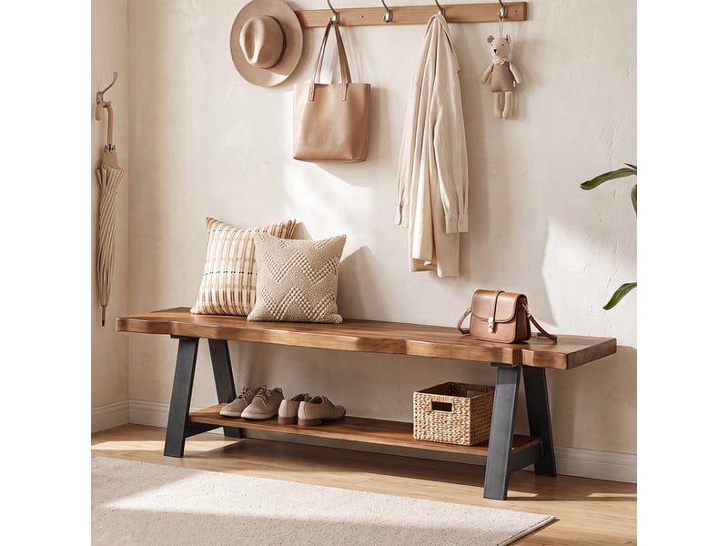  Banc à chaussures en bois massif avec bord naturel et 2 étagères, 160 cm, pour l'entrée  - Conforama D