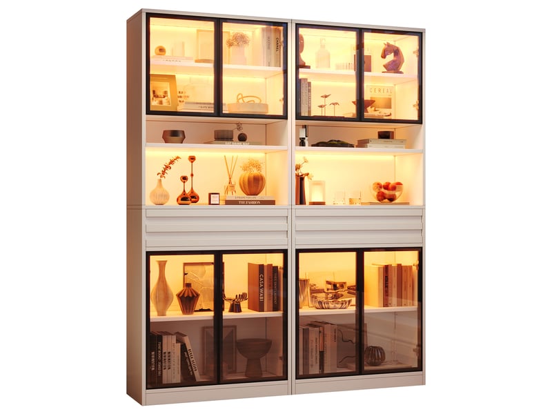  Lot de 2 vitrine avec porte et led - armoire de rangement - pour salon - bureau ou cuisine - 160x35x200cm - blanc  - Conforama A