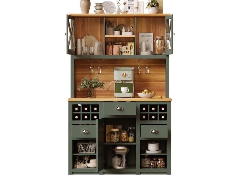  Armoire de cuisine haute 120cm buffet de cuisine vert avec portes en verre et éclairage led  - Conforama A